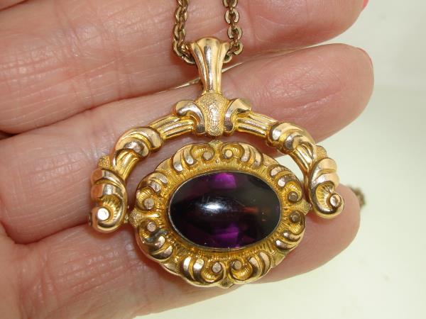 Vintage Edwardian Rose Gold Filled Spinner Pendant Fob with Amethyst Cabochon