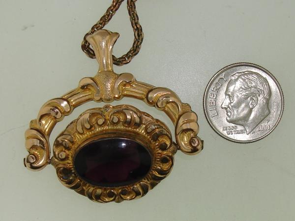 Vintage Edwardian Rose Gold Filled Spinner Pendant Fob with Amethyst Cabochon