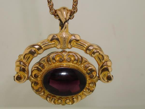 Vintage Edwardian Rose Gold Filled Spinner Pendant Fob with Amethyst Cabochon