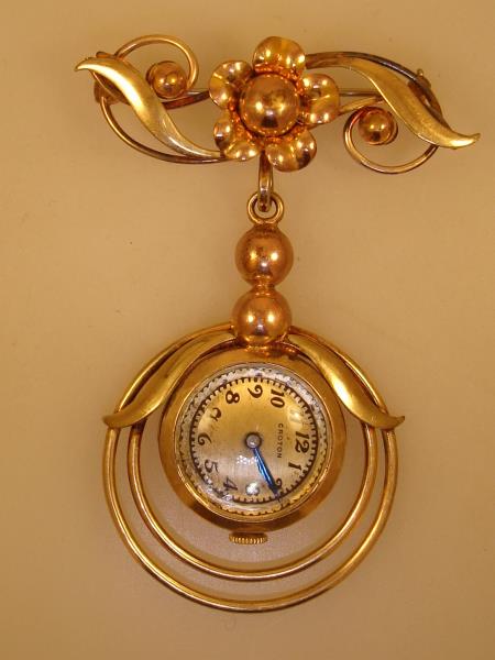 Vintage 1940s Tri-Color Gold Filled Watch Pin, Croton Movement