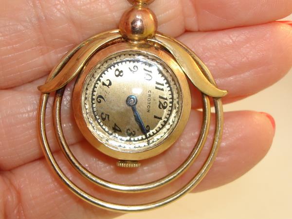 Vintage 1940s Tri-Color Gold Filled Watch Pin, Croton Movement