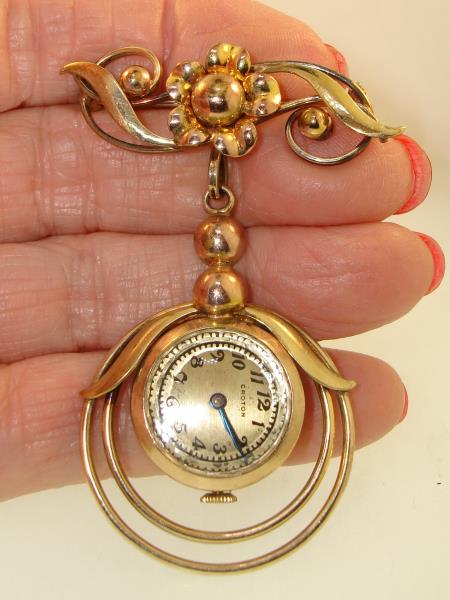 Vintage 1940s Tri-Color Gold Filled Watch Pin, Croton Movement