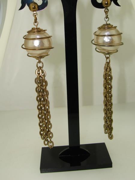 Vintage 1940s Faux Pearl Dangle Earrings - Gold Tone Chain, Elegant & Unique