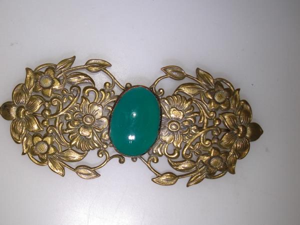 Antique Art Nouveau Brass Pin - Repoussé Floral Design & Green Glass Cabochon
