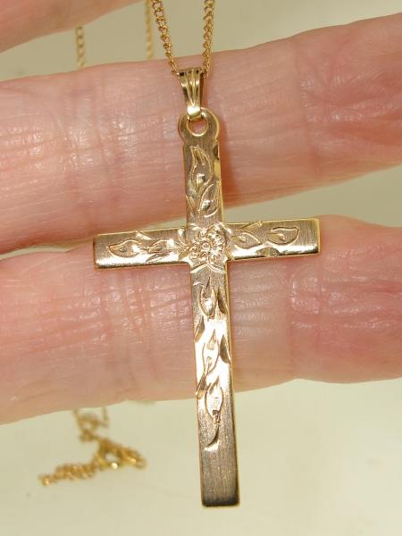 Elegant Gold-Filled Etched Cross Necklace (16in, 12K GF)