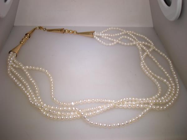 Creamy White Freshwater Pearl Necklace 4 Strand Gold Cone Ends 20
