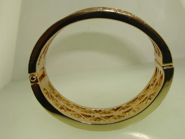 Gold Tone Filigree Rhinestone Bangle Bracelet - Hinged Magnetic Closure
