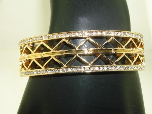 Gold Tone Filigree Rhinestone Bangle Bracelet - Hinged Magnetic Closure