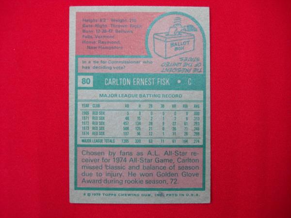 1975 Topps Carlton Fisk Red Sox Baseball Card #80 (Vintage, Nice Condition)