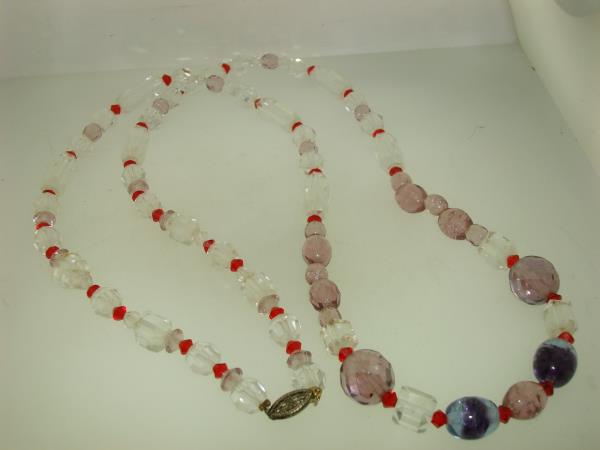 Vintage Art Deco Glass Bead Necklace | Red, Purple & Clear Beads | Filigree Clasp