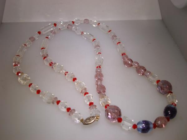 Vintage Art Deco Glass Bead Necklace | Red, Purple & Clear Beads | Filigree Clasp