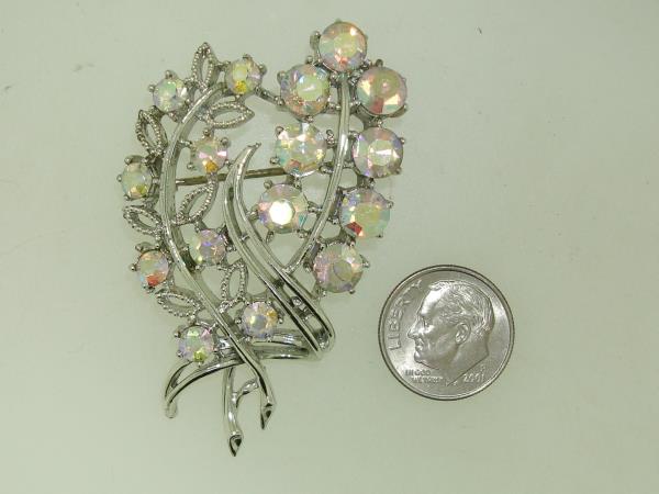 Vintage Coro Aurora Borealis Rhinestone Filigree Brooch Pin - Sparkling Silver