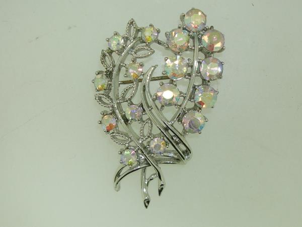 Vintage Coro Aurora Borealis Rhinestone Filigree Brooch Pin - Sparkling Silver