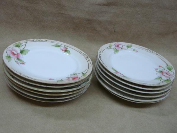 Set of 12 Antique Art Nouveau Hand-Painted Floral Nippon Plates with Gold Trim (5.25
