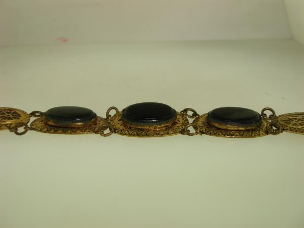 Vintage 1930s-40s Enamel & Black Glass Bracelet - Gold Washed, Filigree Design
