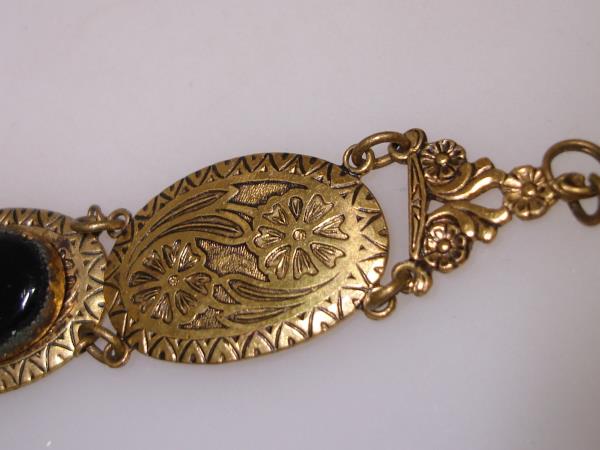 Vintage 1930s-40s Enamel & Black Glass Bracelet - Gold Washed, Filigree Design