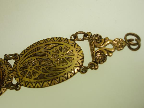 Vintage 1930s-40s Enamel & Black Glass Bracelet - Gold Washed, Filigree Design