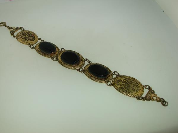 Vintage 1930s-40s Enamel & Black Glass Bracelet - Gold Washed, Filigree Design