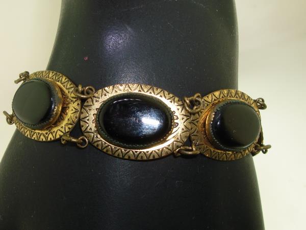 Vintage 1930s-40s Enamel & Black Glass Bracelet - Gold Washed, Filigree Design