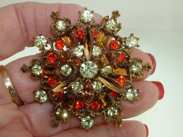 Vintage 1960s Foiled Rhinestone Brooch - Rich Fall Colors & Clear Stones