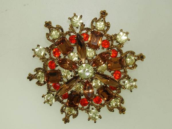 Vintage 1960s Foiled Rhinestone Brooch - Rich Fall Colors & Clear Stones