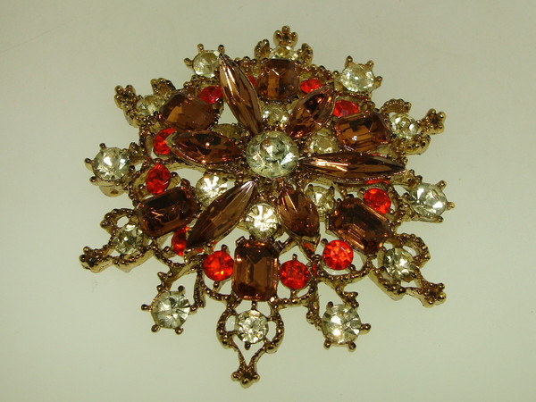 Vintage 1960s Foiled Rhinestone Brooch - Rich Fall Colors & Clear Stones