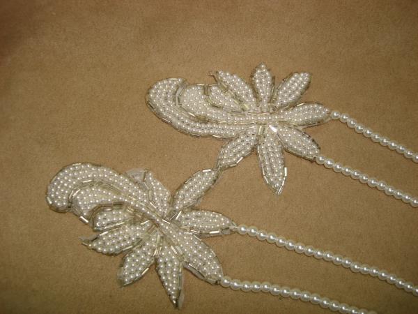 Vintage Creamy White Faux Pearl Earrings with Appliques & Bugle Beads