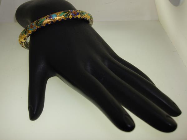 Vintage Gold-Plated Cloisonné Enamel Floral Bangle Bracelet - Cobalt Blue & Colorful Blooms