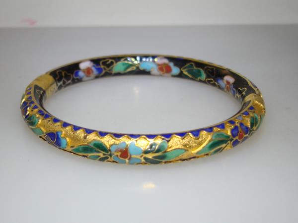 Vintage Gold-Plated Cloisonné Enamel Floral Bangle Bracelet - Cobalt Blue & Colorful Blooms