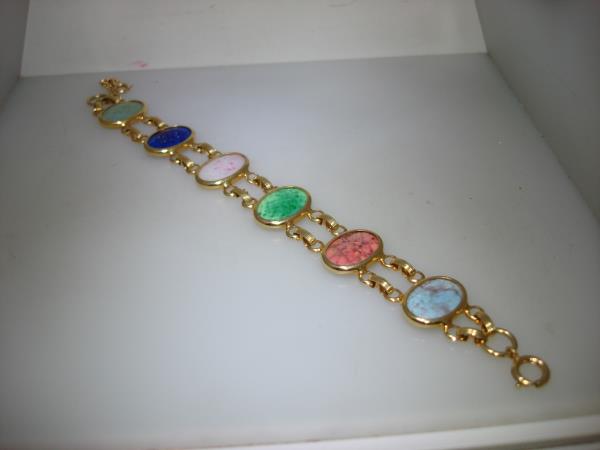 Vintage 1960s-70s Gold Tone Metal Bracelet with Colored Glass Cabochons
