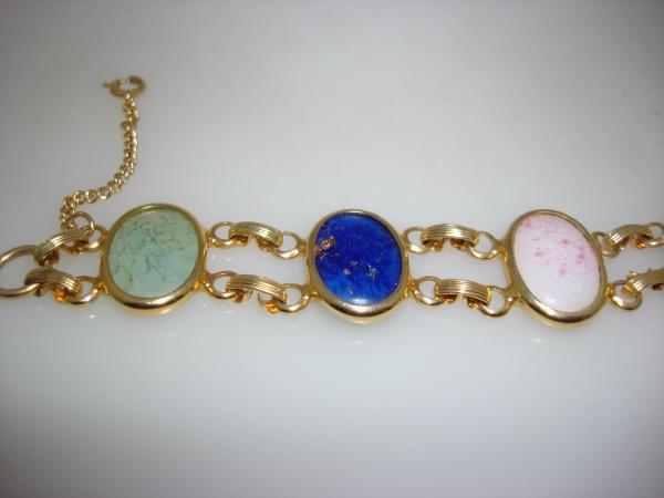 Vintage 1960s-70s Gold Tone Metal Bracelet with Colored Glass Cabochons