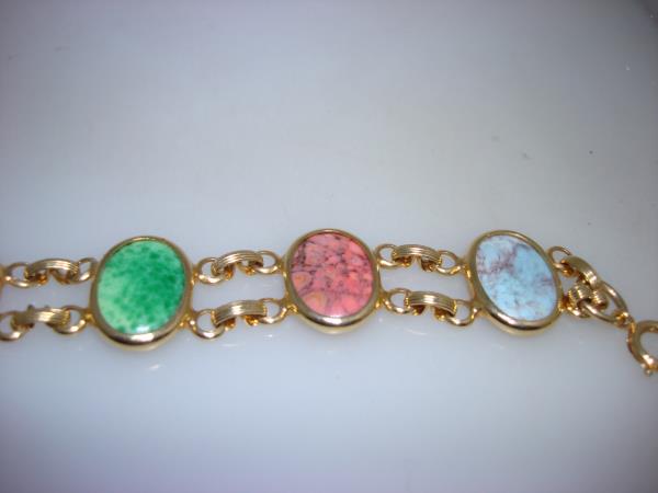 Vintage 1960s-70s Gold Tone Metal Bracelet with Colored Glass Cabochons