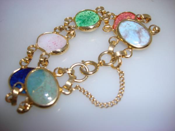 Vintage 1960s-70s Gold Tone Metal Bracelet with Colored Glass Cabochons