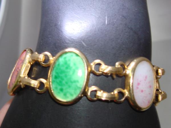 Vintage 1960s-70s Gold Tone Metal Bracelet with Colored Glass Cabochons