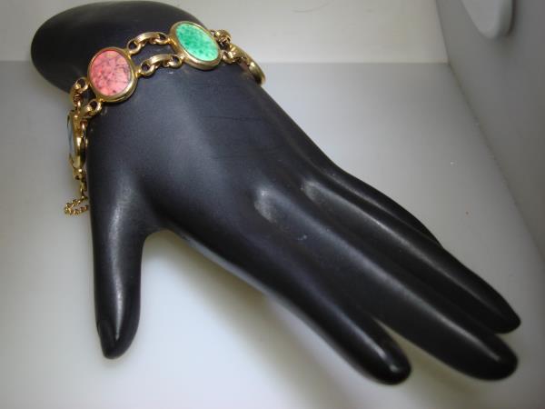 Vintage 1960s-70s Gold Tone Metal Bracelet with Colored Glass Cabochons