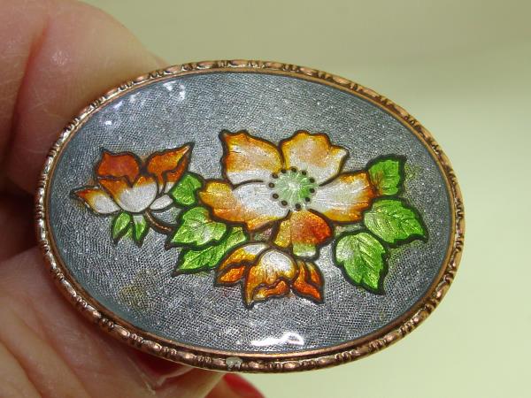 Vintage Cloisonne Enamel Floral Brooch Pin - Blue & Gray Floral Design