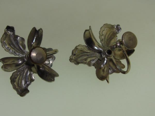 Vintage 1960s Silver Orchid Pin & Screw Back Earrings Set - Lovely Floral Jewelry
