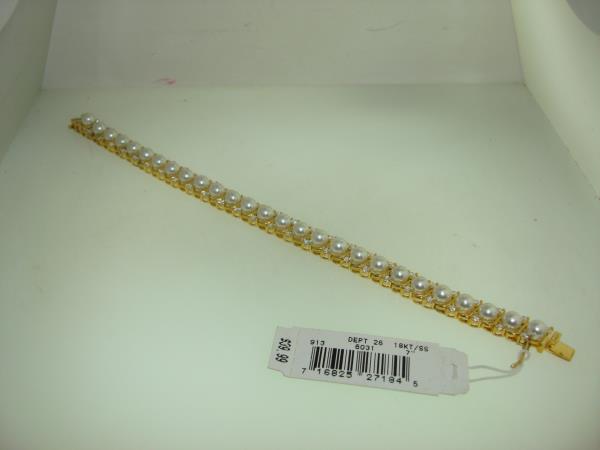 Elegant 18KT Gold Over Sterling Silver Faux Pearl & CZ Bracelet (7 inch)