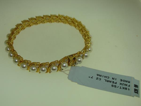 Elegant 18KT Gold Over Sterling Silver Faux Pearl & CZ Bracelet (7 inch)