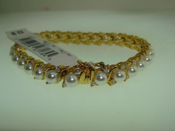Elegant 18KT Gold Over Sterling Silver Faux Pearl & CZ Bracelet (7 inch)
