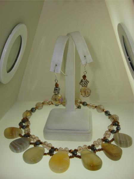 Sterling Silver Smoky Quartz & Agate Necklace & Earrings Set - 925