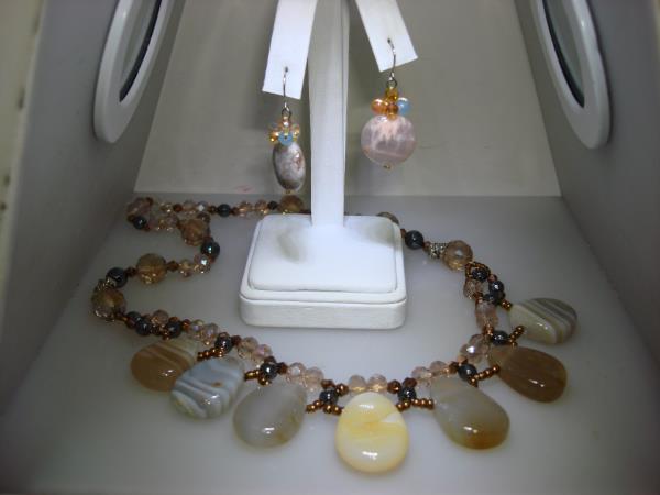 Sterling Silver Smoky Quartz & Agate Necklace & Earrings Set - 925