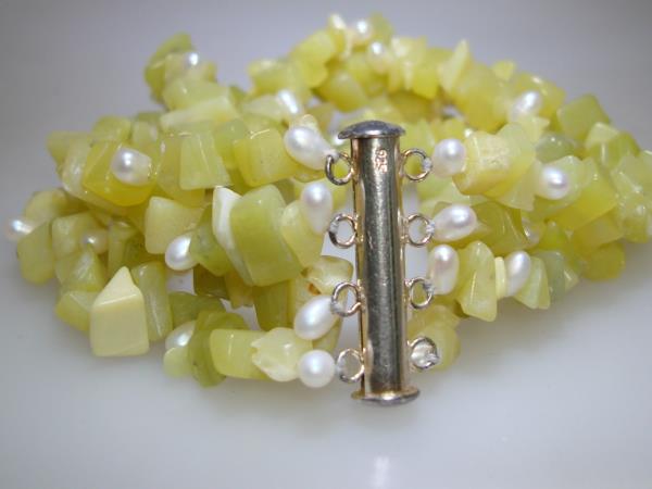 Lime Green Quartz & Freshwater Pearl Bracelet - Sterling Silver Clasp