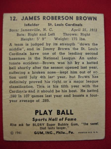 1941 Play Ball #12 James Brown St. Louis Cardinals Vintage Baseball Card