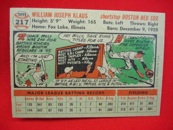 1956 Topps Baseball Card #217 - Billy Klaus (Boston Red Sox, Shortstop) - Vintage Rookie Card