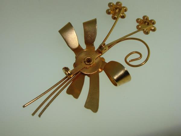 Vintage 1940s-50s Rhinestone Bow Brooch - Gold Tone Clear & Aqua Floral Design