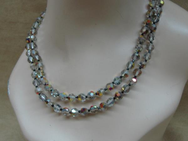 Vintage 1980s Aurora Borealis Crystal Necklaces Set (2) - AB Facets, Clear/Gray & Gold Hues