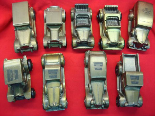 Vintage 1974 Cast Metal Coin Banks (Lot of 9) - American Bank & Trust Co., Citizens National Bank, & More
