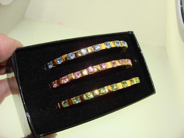 Vintage Joan Rivers Crystal Cuff Bracelet Set (3-Piece) - Gold Tone, Pink, Green & Blue - Original Box