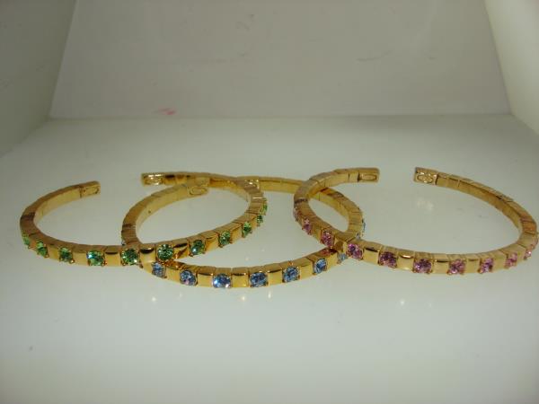 Vintage Joan Rivers Crystal Cuff Bracelet Set (3-Piece) - Gold Tone, Pink, Green & Blue - Original Box